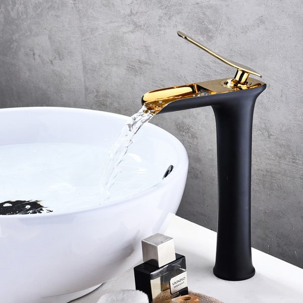 Black Gold Brass Waterfall Spout Basin Faucet